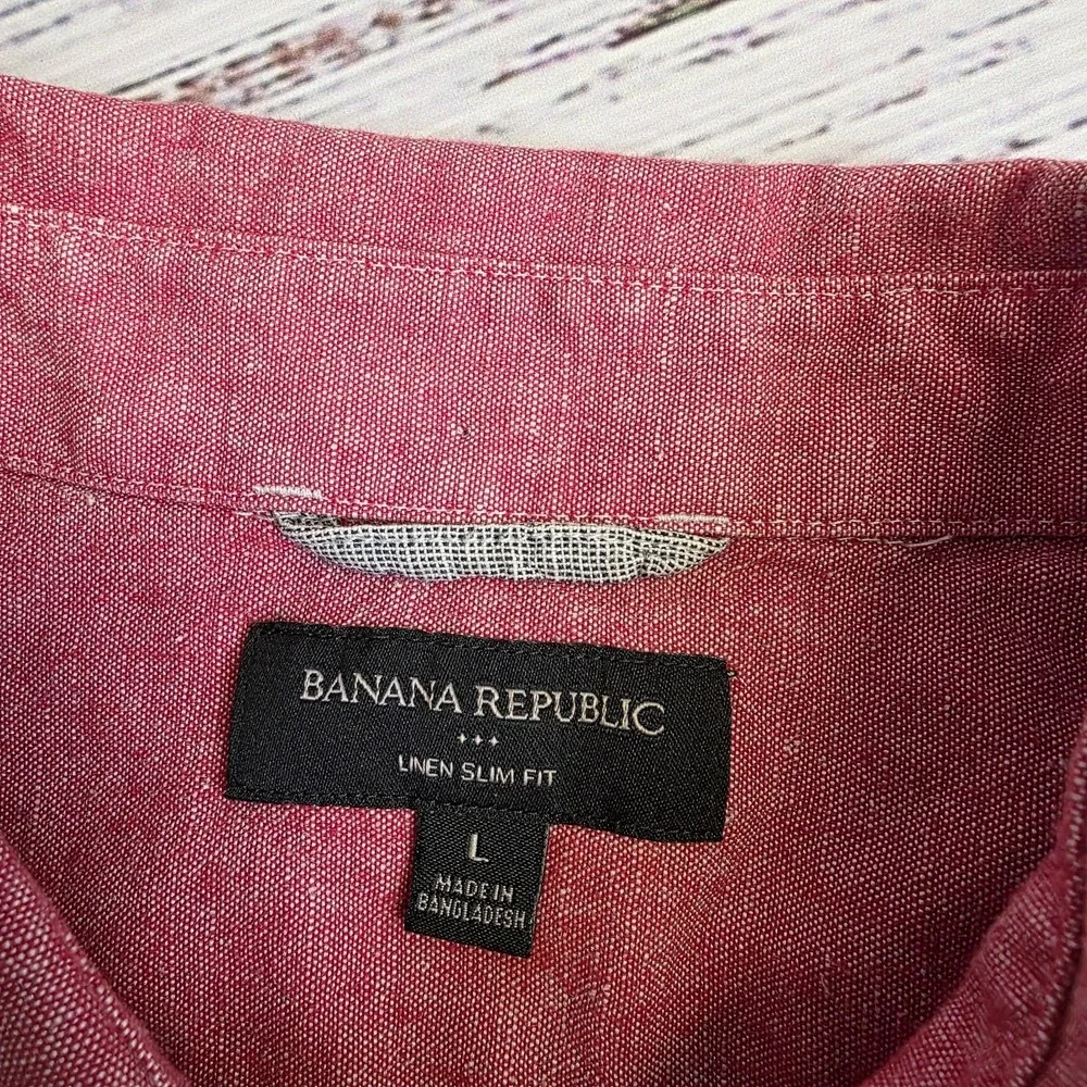 Banana Republic Shirt Mens Large Red Linen Blend Slim Fit Short Sleeve Button Up
